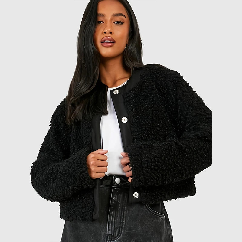 Chic Autumn Winter Warm Plush Cropped Jacket with Pockets Faux Fur Fabric Real Fur Fabric Shearling Fabric