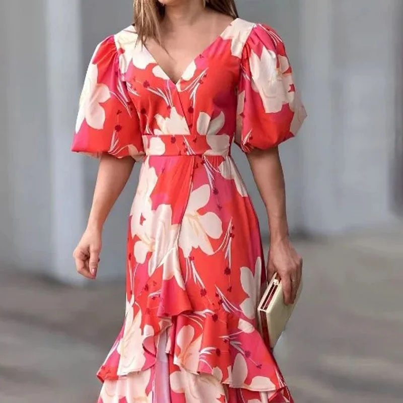 Lizakosht Summer V-neck Slim Long Dress Chic Big Flora Print Bohe Loose Ruffles Dresses Elegant Ladies Short Sleeve Layered Party Dress Tunics Sale discount