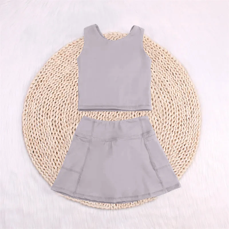 Preorder GSD1983 Yoga Outfit Baby Girls Sports clothes Light Grey  Sleeveless top skirts shorts Girls Boutique Summer clothes  202502 wool skirt warm