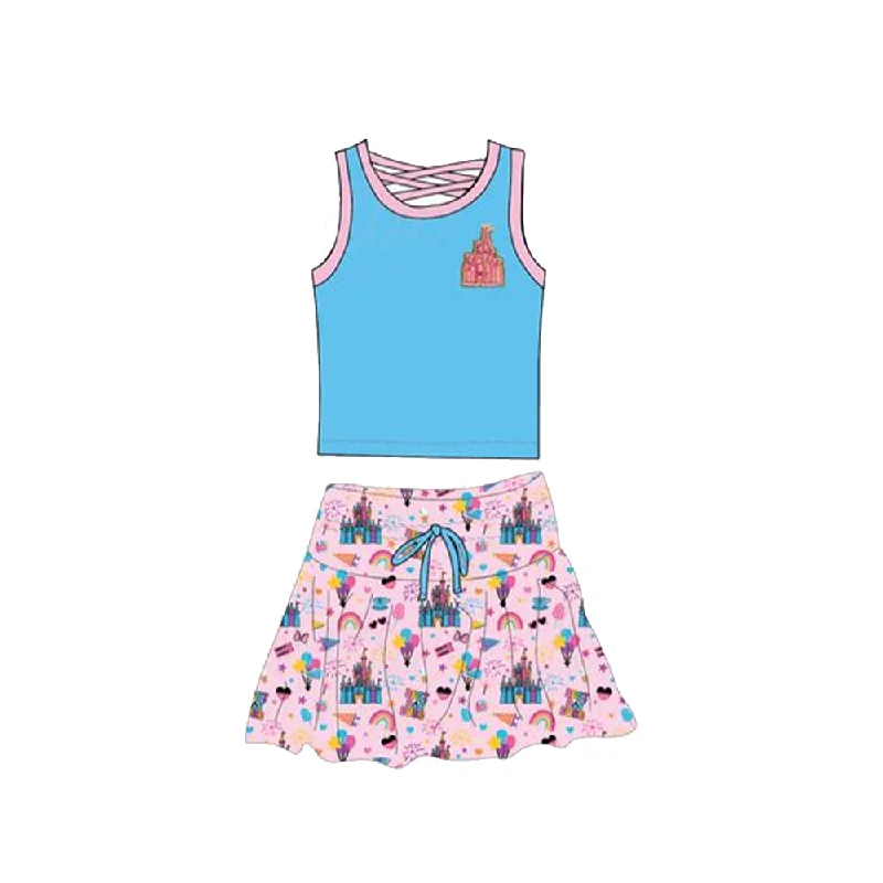 Preorder GSD2072 Blue Pink Princess Castle Milk silk sleeveless top skirts shorts Girls Boutique Summer clothes  202502 vintage skirt charm