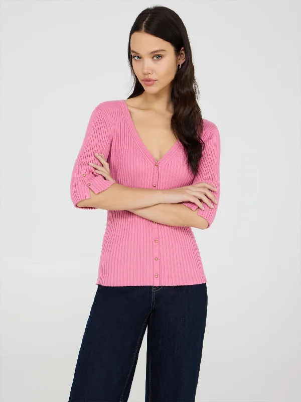Ribbed V-Neck Button-Front Sweater Chenille Brocade Lace