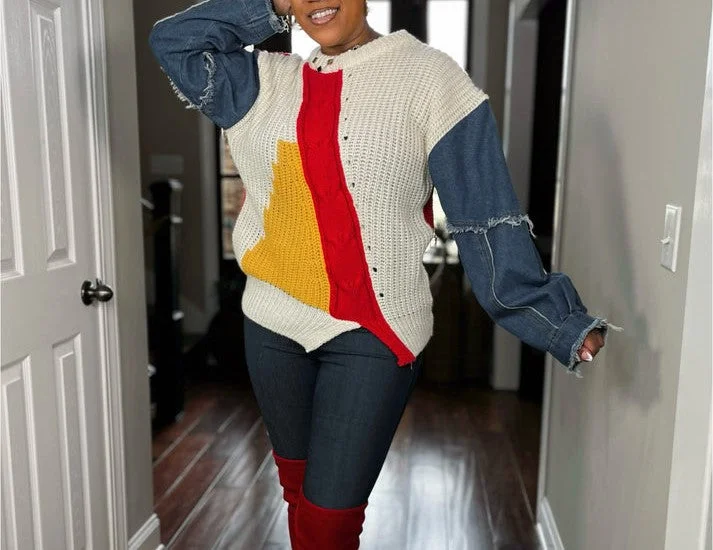 DEY177P- DENIM SLEEVE KNIT SWEATER (ONE SIZE) Spandex Rayon Corduroy