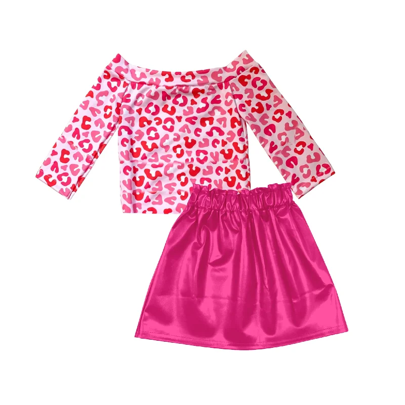 Preorder GLD0925 Pink leopard print one-line shoulder long sleeve rose red leather skirt skirt set high quality denim skirt stylish
