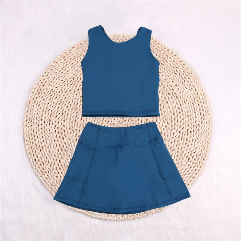 Preorder GSD1986 Yoga Outfit Baby Girls Sports clothes Blue Green Sleeveless top skirts shorts Girls Boutique Summer clothes  202502 button skirt front