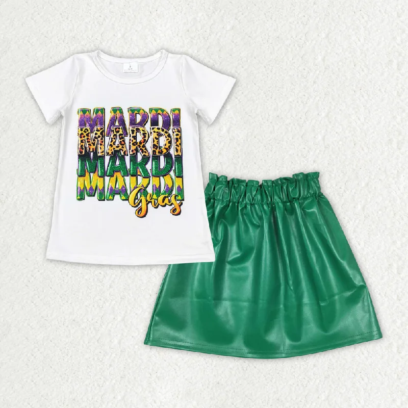 GSD1712 Mardi Gras outfit white short Green Leather skirt summer outfit spandex blend skirt