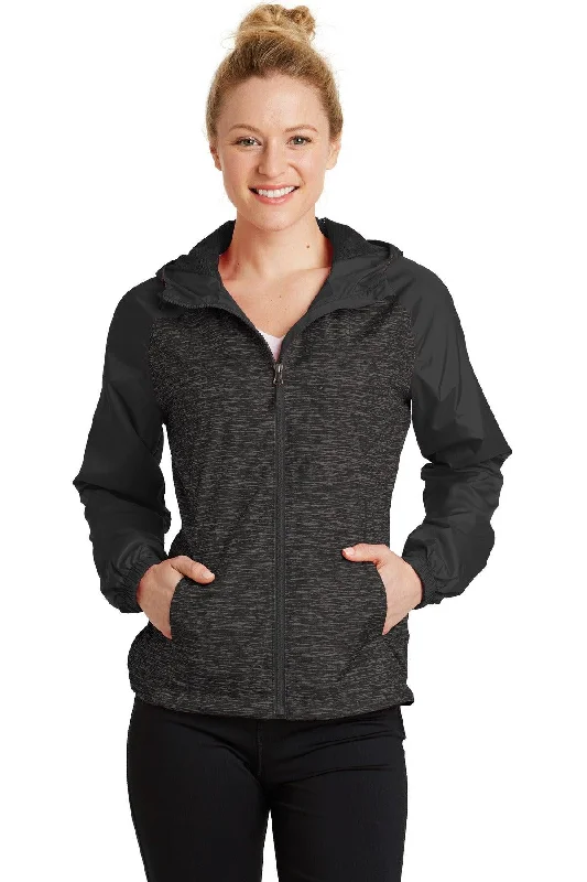 Sport-Tek   Ladies Heather Colorblock Raglan Hooded Wind Jacket. LST40 Quilted Jacket Puffer Jacket Insulated Jacket