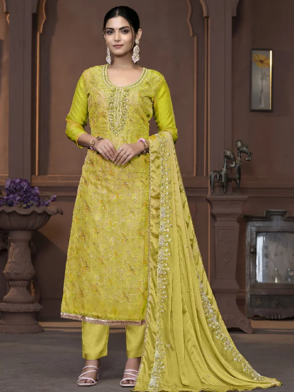 Lime Party Wear Readymade Pant Suit With Pojishan Embroidery Hand Work Classic Straight Pants