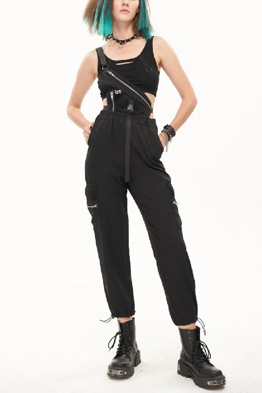 Black Punk Casual Single Shoulder Multiple Pockets Skull Head Decoration Strap Women's Pants Slim-Fit Leggings