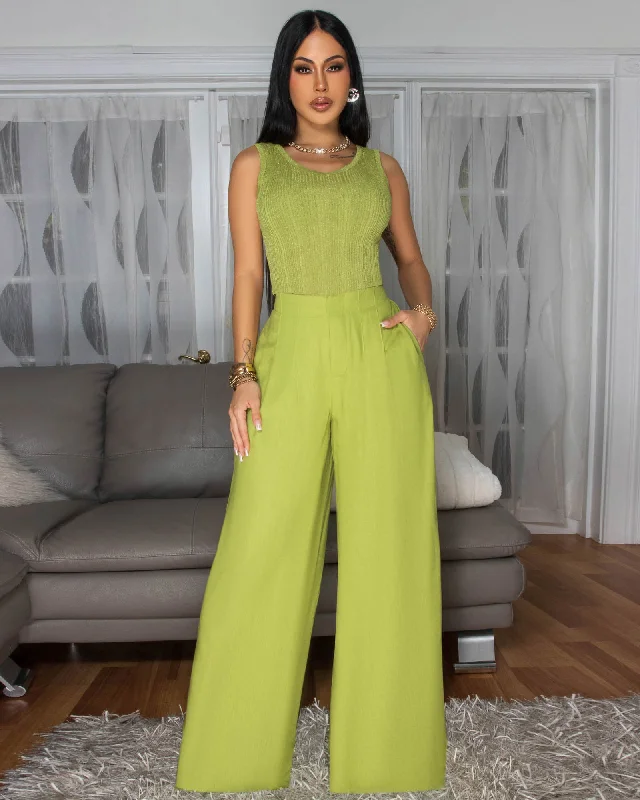 Miraya Lime Shimmer Top & Linen Pants Set High-Waist Trousers