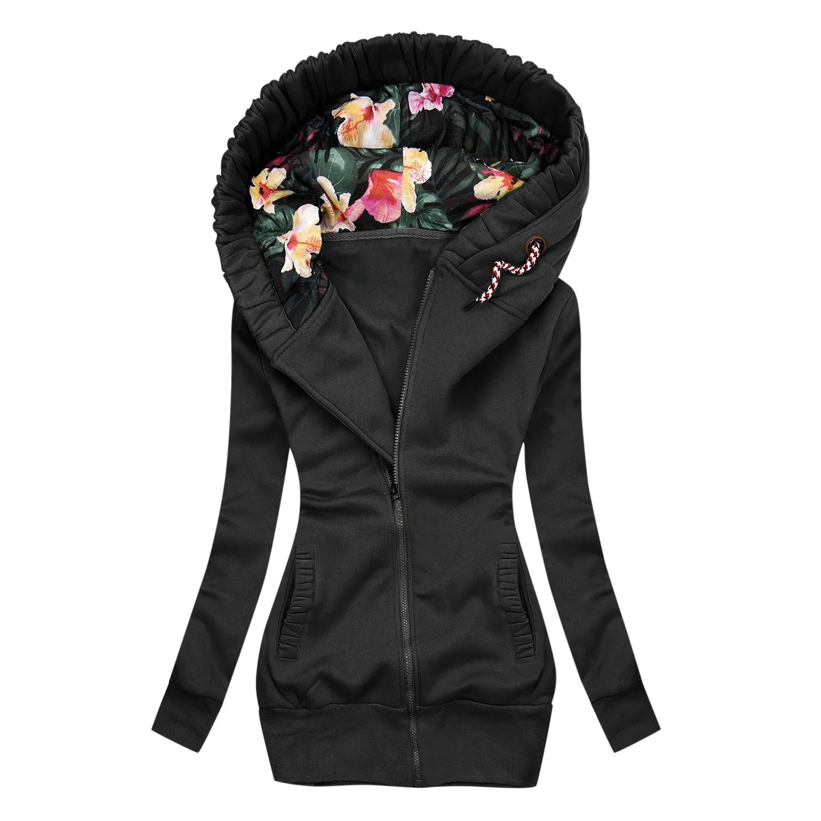 Flower Print Hooded Sweatshirt Plus Size Zipper Jacket Coat Denim Fabric Leather Fabric Suede Fabric