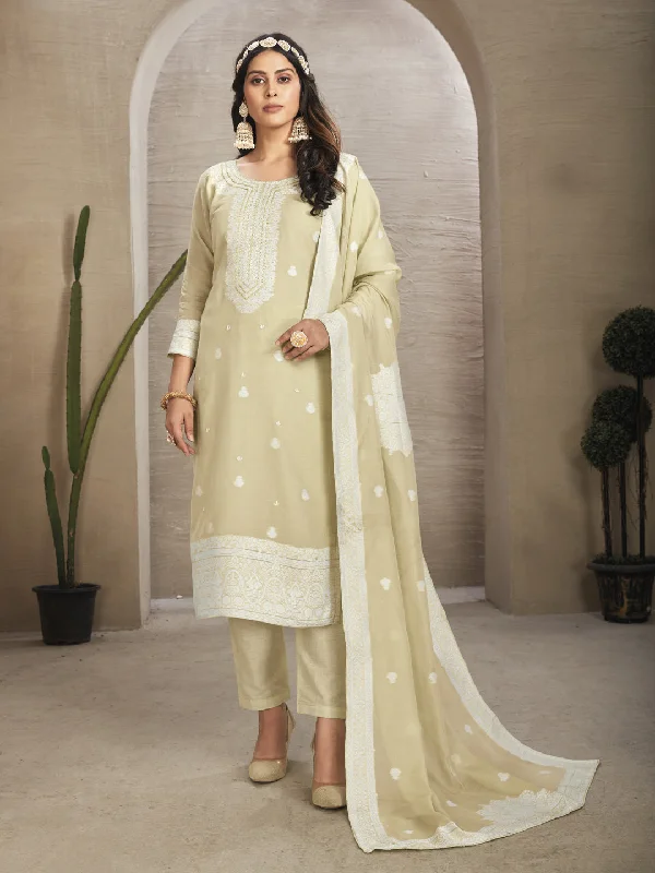 Beige Readymade Organza Pant Suit With Wevon Designer Hand Work Comfortable Denim Leggings