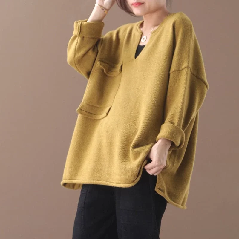 DressBetty - Female New Autumn and Winter Korean Style Plus Size Literary Small V-neck Single-pocket Primer Casual Sweater Outerwear Jersey Fabric Tulle Fabric Batik Fabric