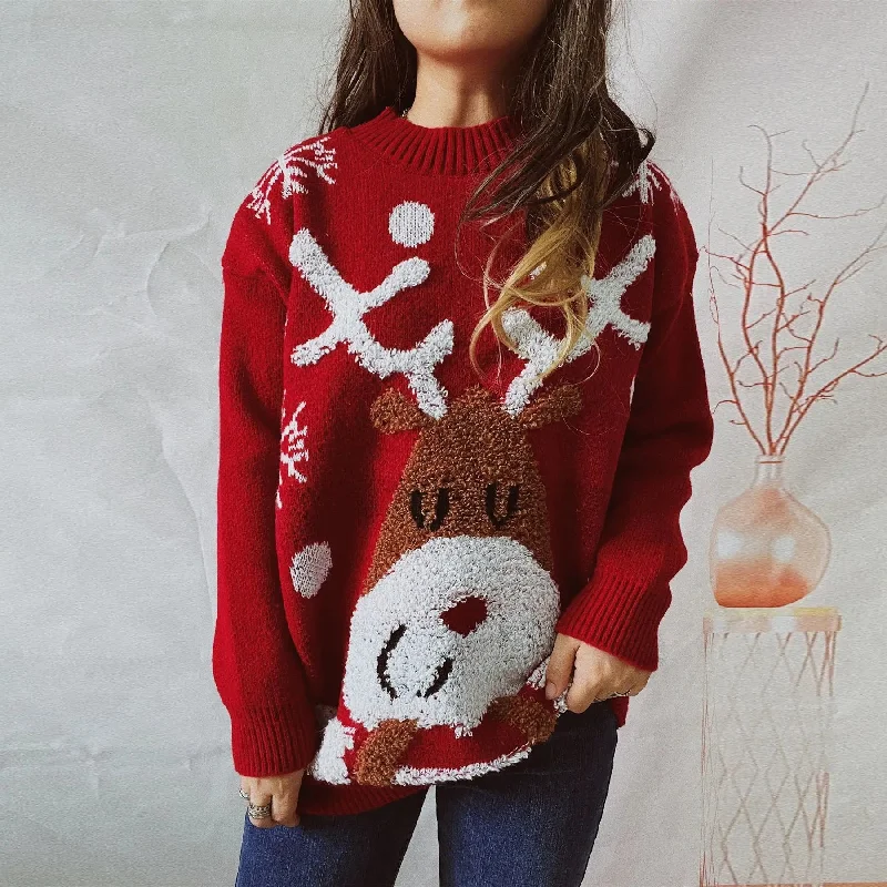 Casual Thickened Raglan Sleeve Elk Christmas Tree Sweater Beaded Sweater Sequined Faux Fur