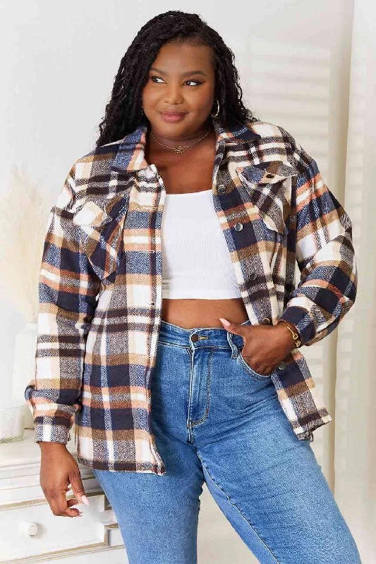Sophie Plaid Button Front Shirt Jacket with Breast Pockets Front Pockets Side Pockets Patch Pockets