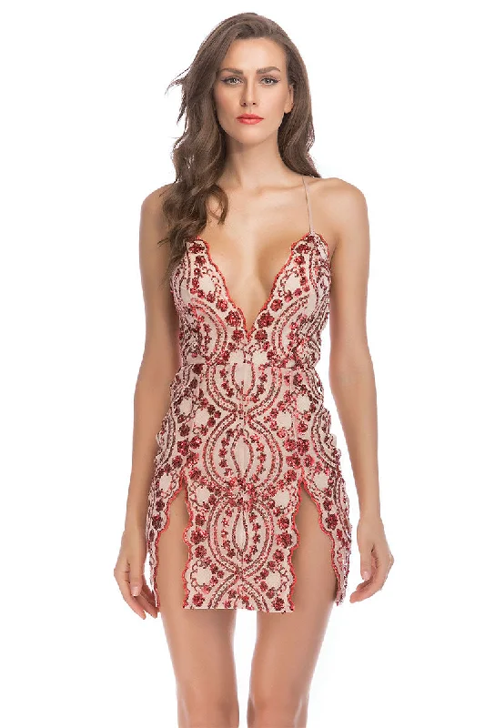 Sexy Red V-neck Spaghetti Straps Party Dress With Sequins Tunics Bridal satin