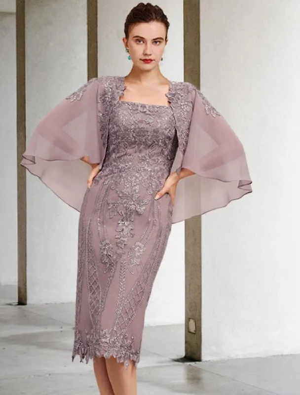 Sheath / Column Mother of the Bride Dress Vintage Elegant Square Neck Knee Length Chiffon Lace Sleeveless Jacket Dresses with Appliques Snapped Jacket Toggled Jacket Drawstring Jacket