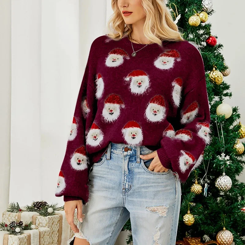 Christmas Santa Head Oversized Sweater Cashmere Blend Cotton Blend Poly Blend