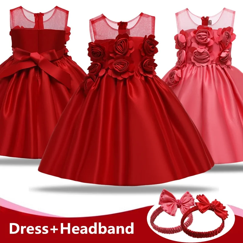 Baby Girls Christmas Flower Princess Dress New Year Red Costume 1 2 Years Birthday Party Dress Tollder Wedding Ball Gown Clothes Crew Neckline Sporty