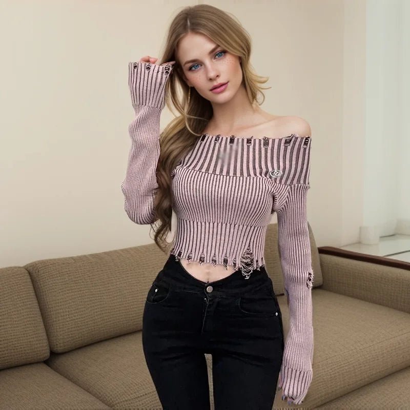 Spring Autumn Off Shoulder Solid Hole Slim Sexy Knitted Sweater Herringbone Houndstooth Plaid