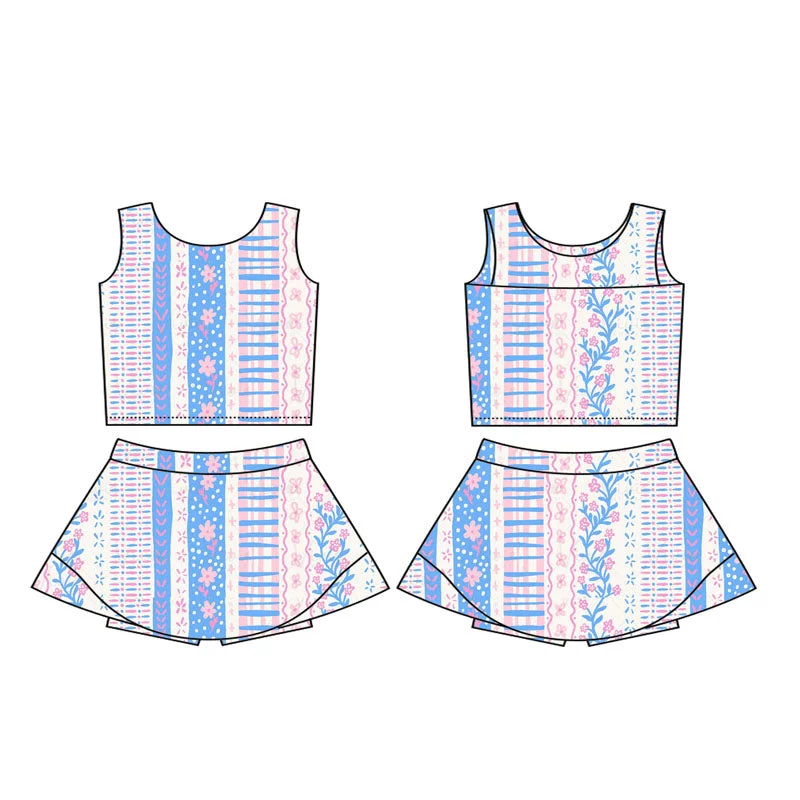Preorder GSD1995  Yoga Outfit Baby Girls clothes Blue flower refreshing sleeveless top skirts shorts Girls Boutique Summer clothes  202502 modal blend skirt