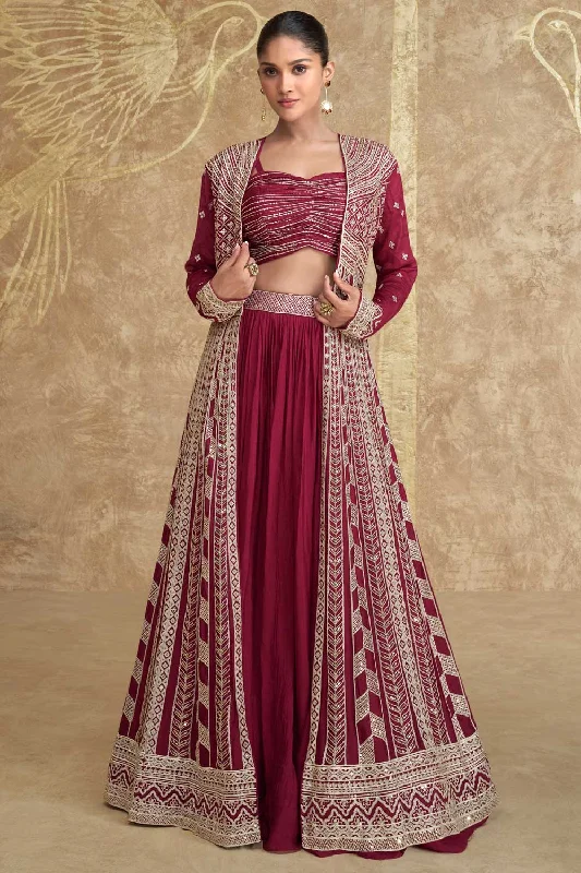 Maroon Color Chinon Silk Fabric Glamorous Readymade Lehenga With Jacket Notch Collar Jacket Peter Pan Collar Jacket Cowl Neck Jacket