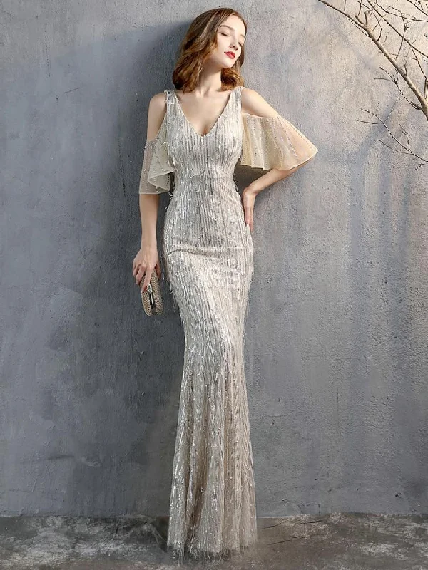 Elegant V Neck Long Sequin Evening Dress New Off Shoulder Evening Party Dress Tunics Stylish modern