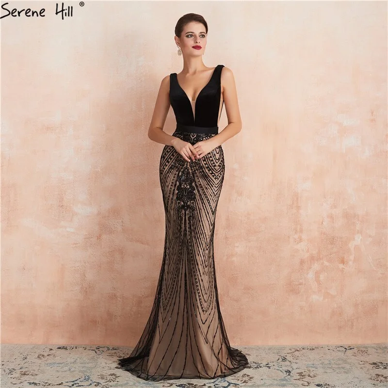 Black Backless Sexy Mermaid Prom Dresses Design 2025 V-Neck Sequins Long Prom Party Dress Serene Hill LA70288 Tunics Business professional