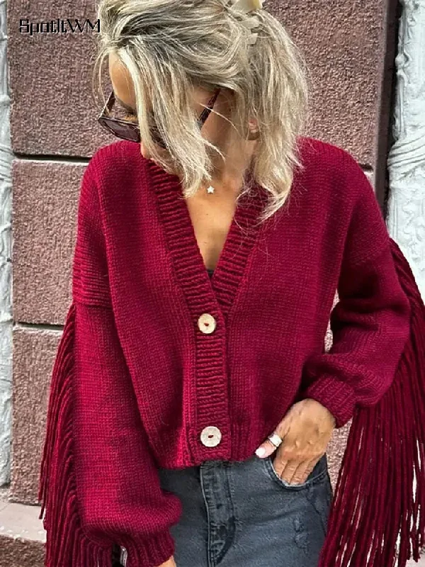 Red Tassels Patchwork V Neck Christmas Sweater Turtle Neck Boat Neck Asymmetrical Neck