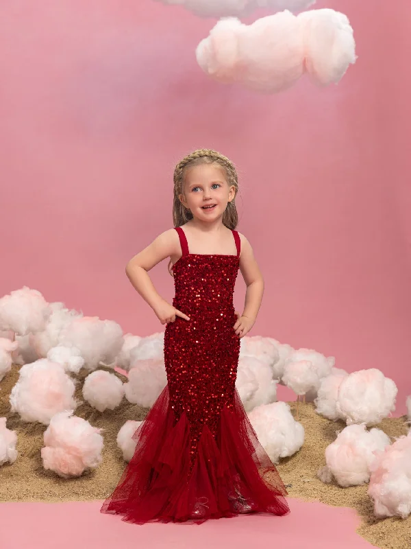 Young Girls' Sleeveless Mesh Overlay Sequin Mermaid Party Dress Tunics Velvet soft