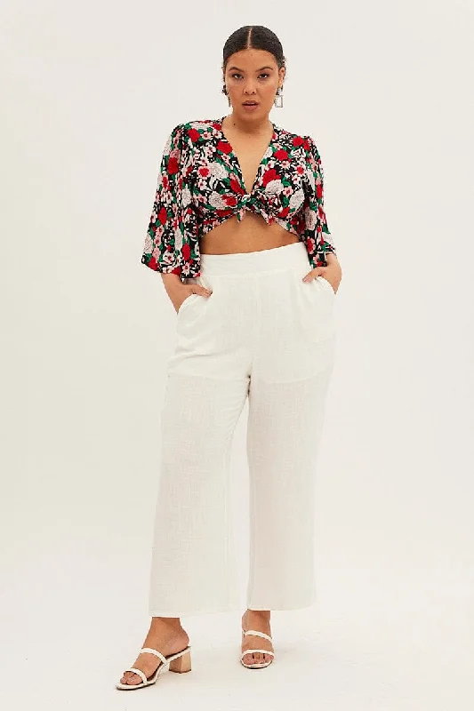 White Wide Leg Pant Flat Front Elastic Back Linen Blend Casual Yoga Pants