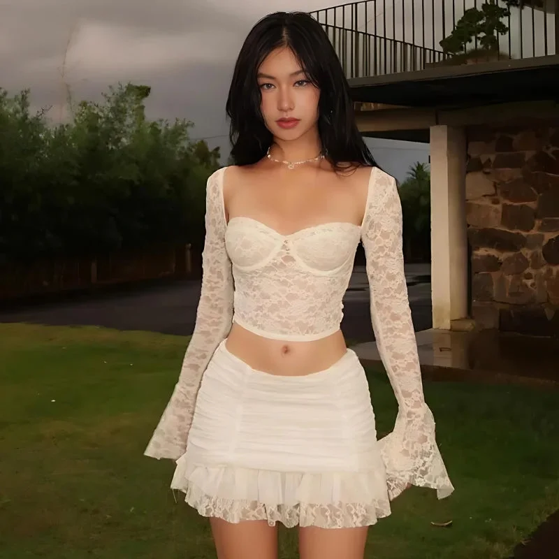 Coquette Lace Top & Ruched Mini Skirt Two Piece Set lace skirt feminine