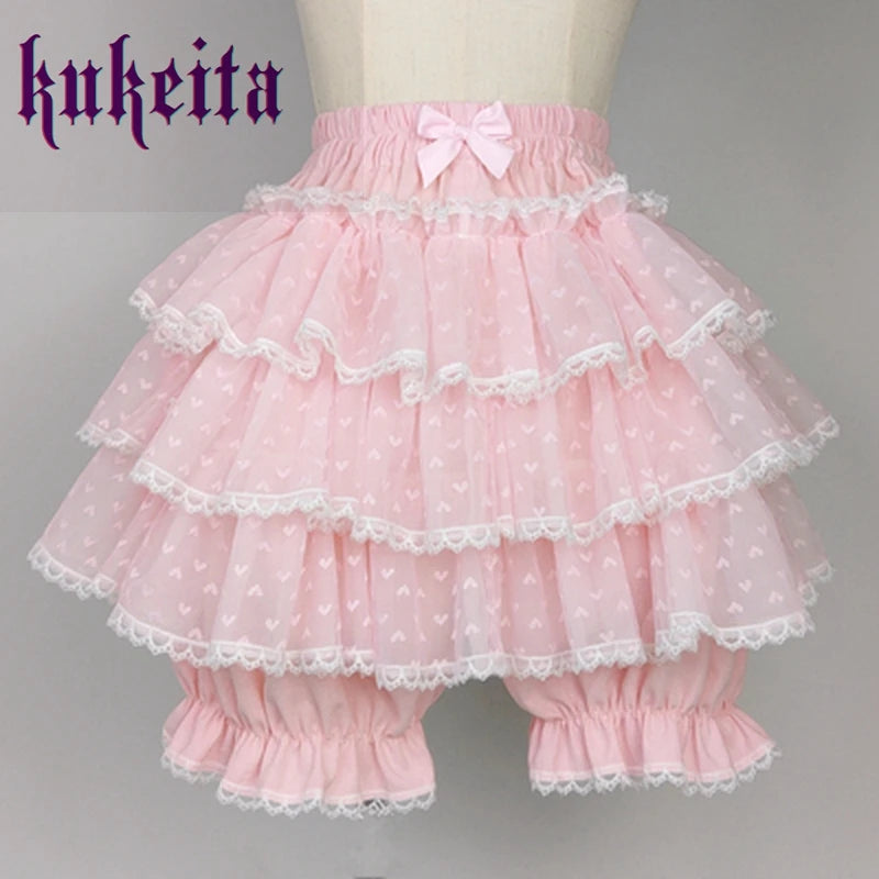Harajuku Y2k Pink Kawaii Pumpkin Shorts Japanese Cute Lace Bow Lolita Safety Short Pants JK Sweet Victorian Bloomers Relaxed Linen Pants