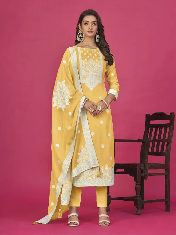 Yellow Designer Readymade Organza Pant Suit With Wevon Design Baadla Work Stylish Casual Pants