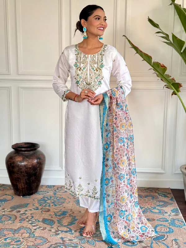 White Attractive Looking Readymade Pant Suit With Printed Embroidery Work Comfortable Denim Leggings