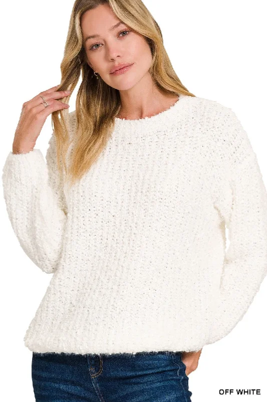 BRUSHED ROUND NECK SWEATER in OFF WHITE Zippered Front Buttoned Front Snap Front