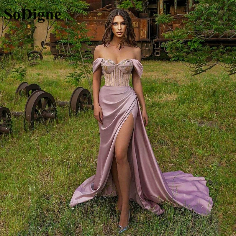 Lizakosht Dubai Prom Party Dresses Promdress High Split Beads Sequined Purple Evening Gowns Long Off Shoulder Celebrity Dress 2022 Tunics Denim casual