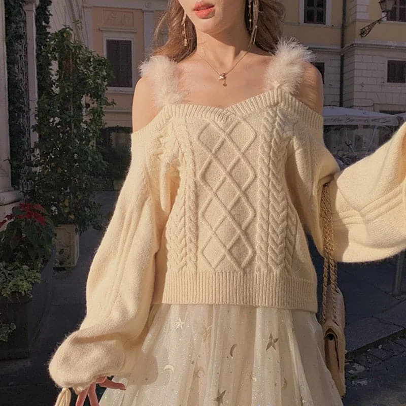 DressBetty - Off-the-shoulder Sweater Ladies Sexy Autumn Winter Elegant Soft Lace Puff Sleeve Knitted Sweater Woman Italy Pull Crop Top Nylon Fabric Polyester Fabric Spandex Fabric