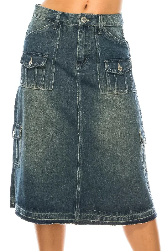 Calf  Length Stretch Denim Cargo Style Skirt (79143-SKT) silk skirt lustrous