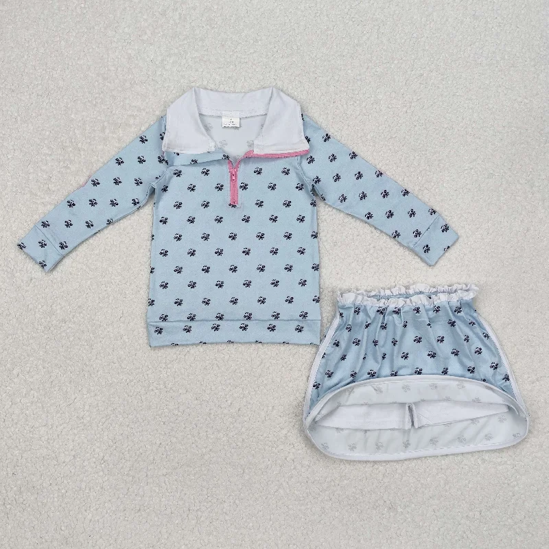 GLD0972 Valentines girls outfit Haze blue stand-up zipper top skirts culottes boutique outfit RTS202412 relaxed fit skirt