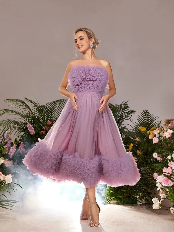 Maternity Ruffle Trim Mesh Overlay Strapless Party Dress Shift Classic Vintage