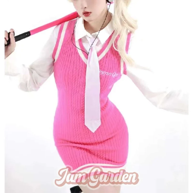 Original Pink Spice Girls Barbie Knitted Vest Sweater Dress for Spring and Summer Notch Collar Peter Pan Collar Cowl Neck