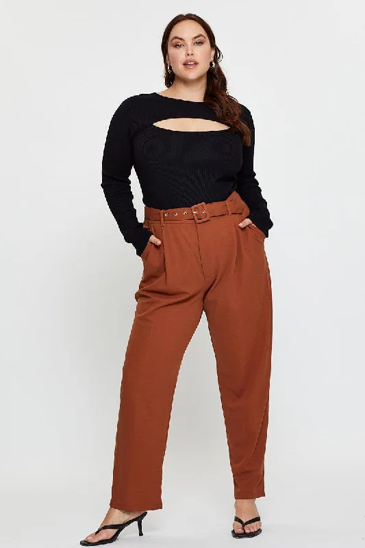 Beige Slim Leg Pants High Rise Belted Classic Cropped Pants