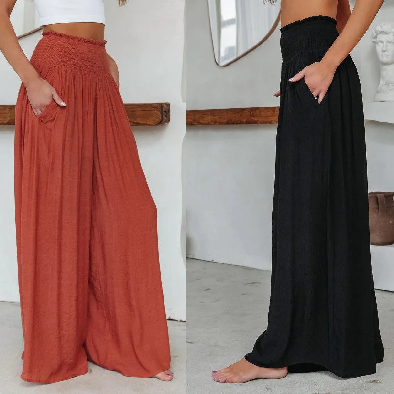 Loose Cotton Wide-Leg Pants with Elastic Waistband and Pockets Formal Linen Trousers