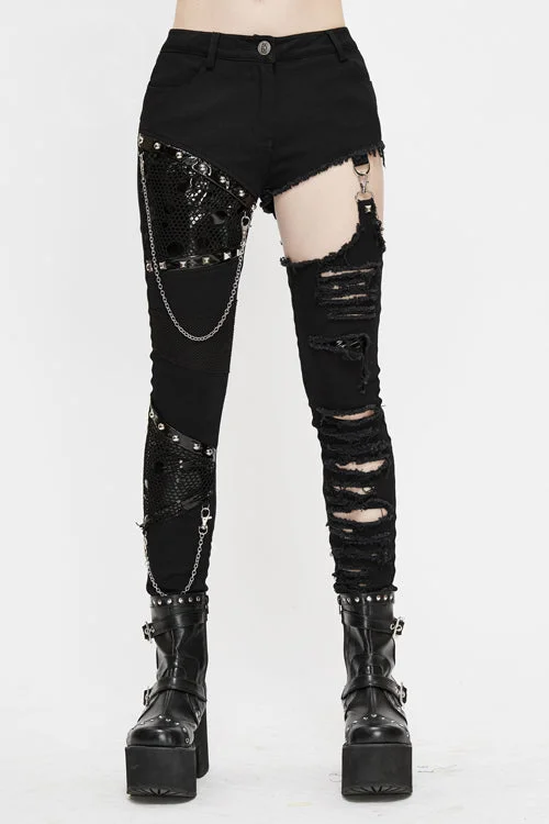 Black Punk Asymmetrical Spliced Broken Hole With Chains Womens Pants Relaxed High-Waist Trousers