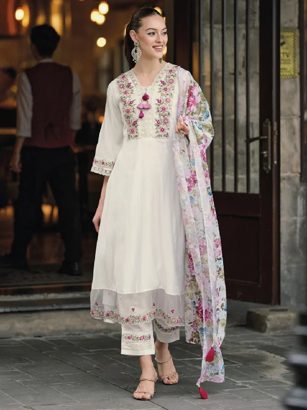 White Designer Readymade Pant Suit With Printed Embroidery Work Wide-Legged Palazzos