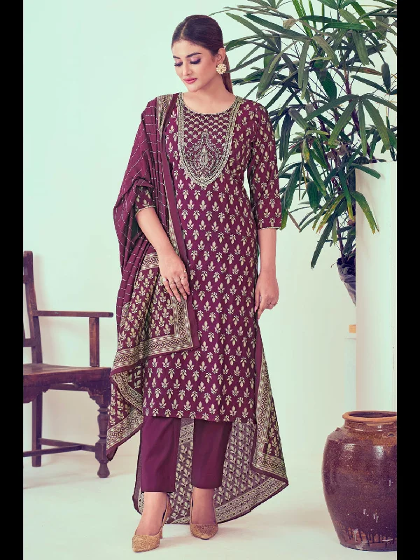 Wine Designer Readymade Pant Suit With Printed Embroidery Work Casual Sweatpants Style