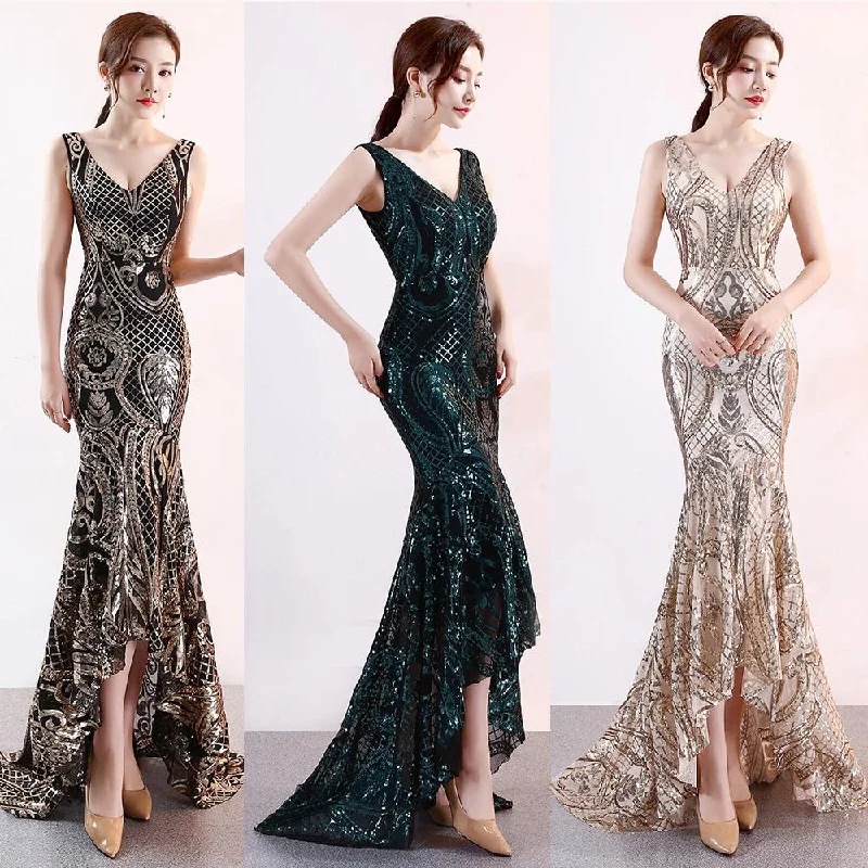 Asymmetrical Floor-Length Tulle Sequins V-Neck Sleeveless Party Dresses Embroider Vestidoes Formal Robe Tunics Top Casual