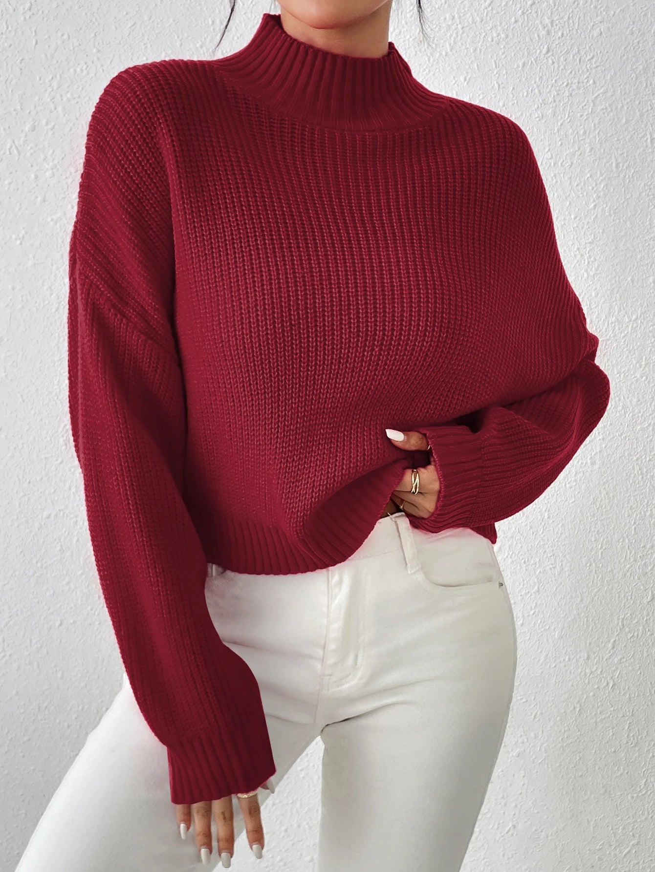 Ribbed Knitted Mock Long Solid High Drop Shoulder Sweater Plaid Sweater Polka Dot Checkered