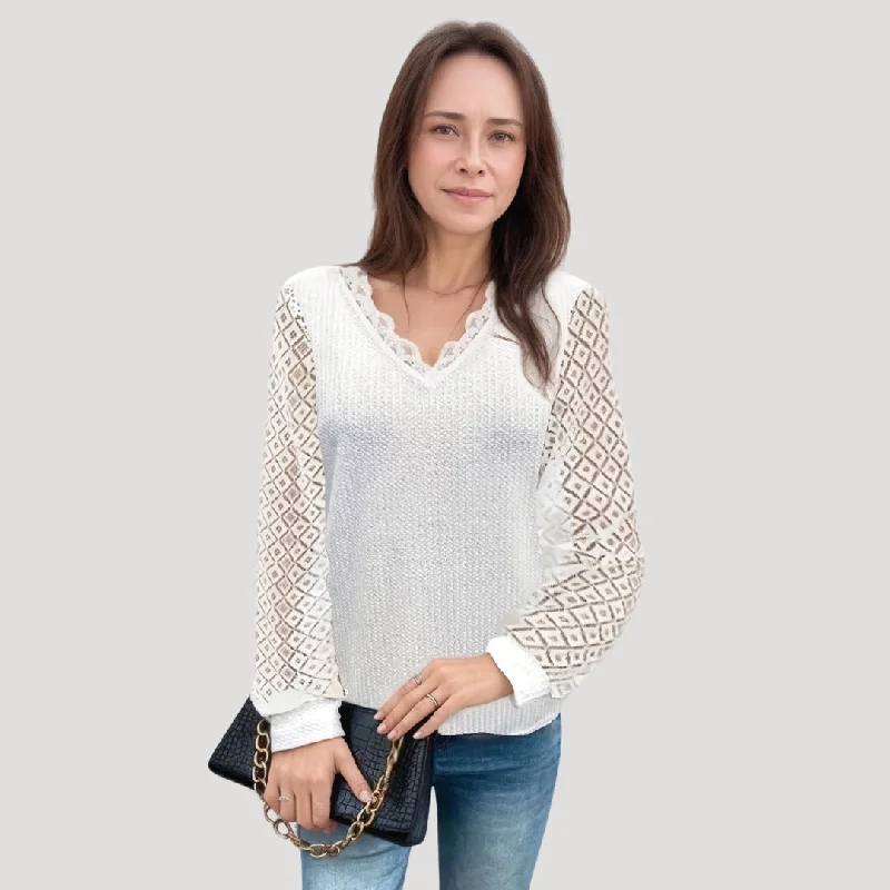 Elegant lace-sleeved sweater Zippered Front Buttoned Front Snap Front