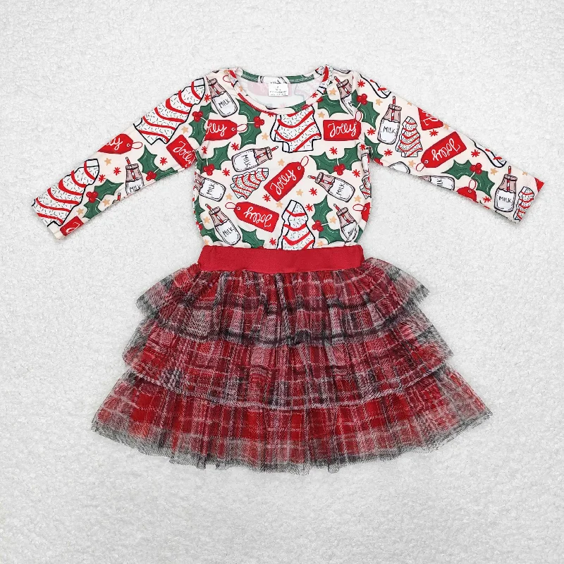 GLD0883 Christmas tree biscuit milk long sleeve British school style three-layer gauze skirt red and black striped skirt set high quality midi skirt versatile